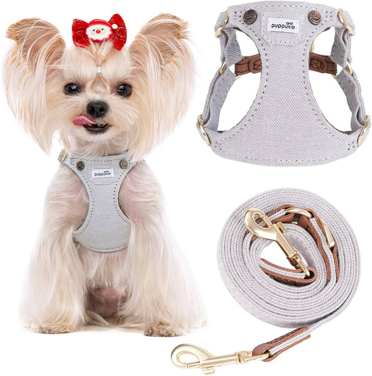 قلاده و هارنس ضدکشش Puppytie سایز XXS – همراه بند چندمنظوره – نرم، قابل تنظیم، ضد خفگی و ضد فرار – رنگ جین خاکستری 🐶