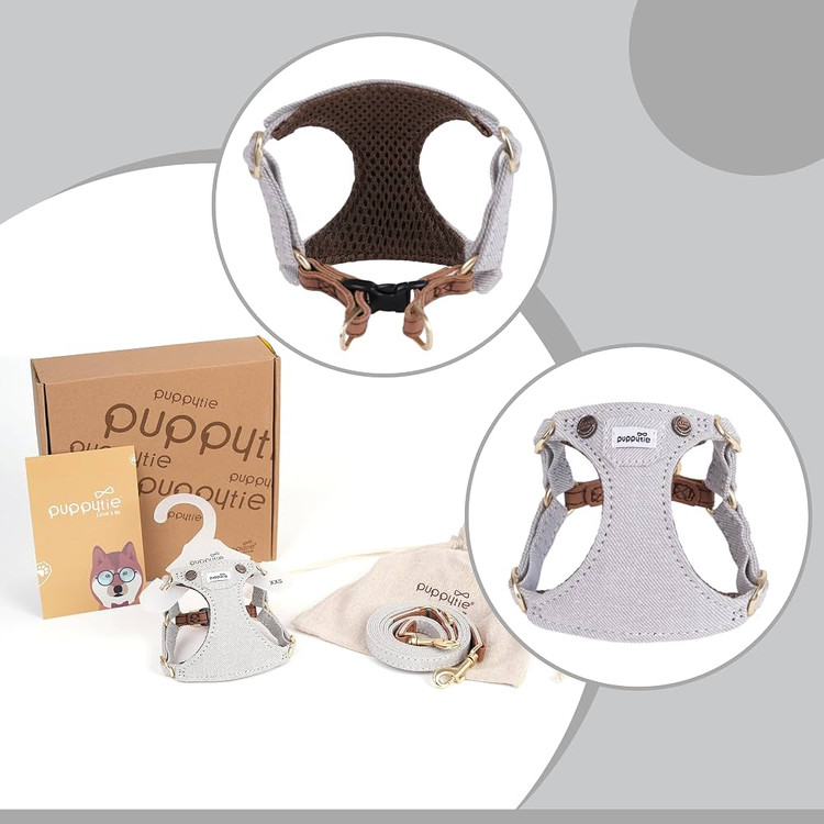 قلاده و هارنس ضدکشش Puppytie سایز XXS – همراه بند چندمنظوره – نرم، قابل تنظیم، ضد خفگی و ضد فرار – رنگ جین خاکستری 🐶