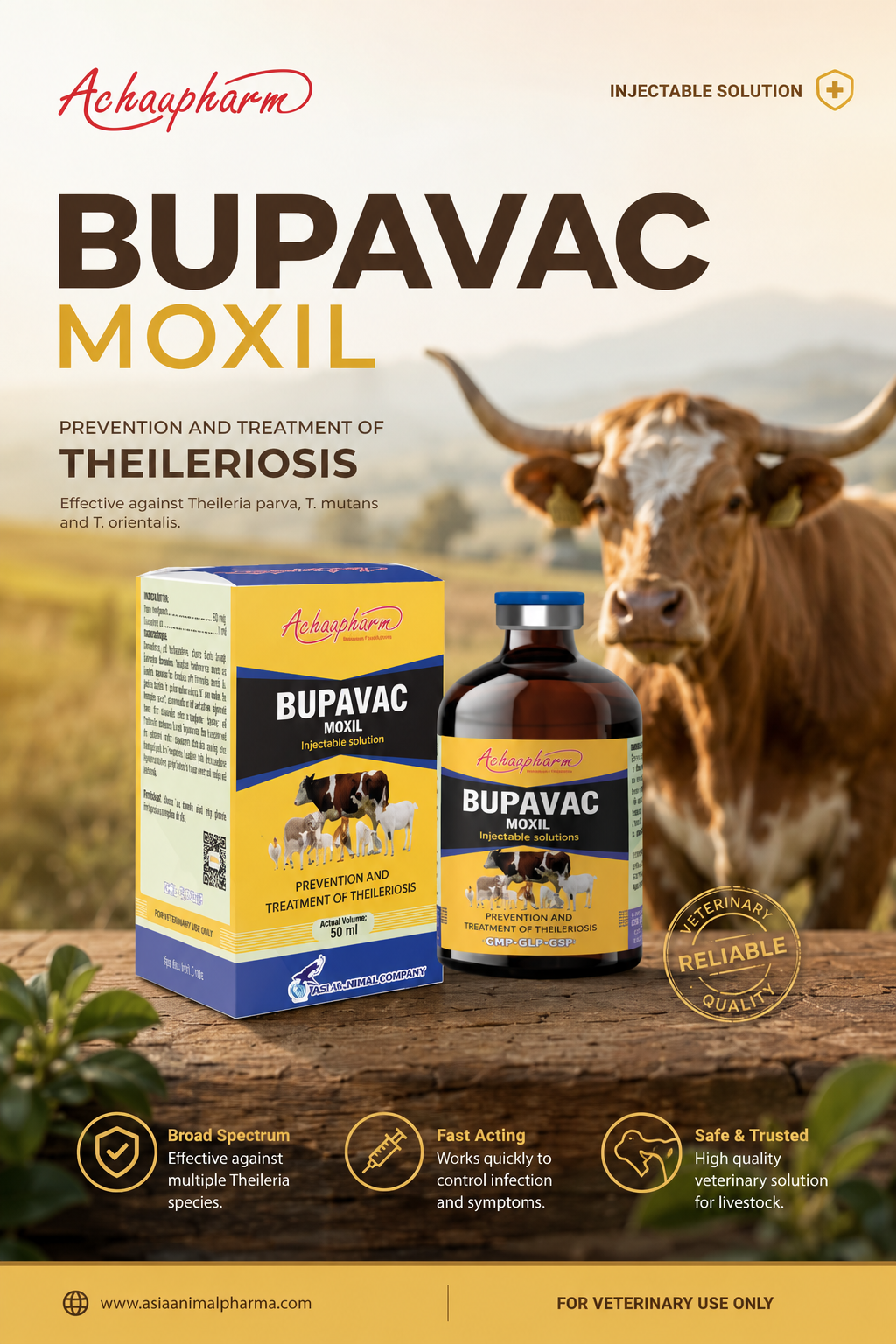 محلول تزریقی حاوی بوپاروواکون (Buparvaquone) برای کنترل و درمان تیلریوز در گاو، گوسفند و