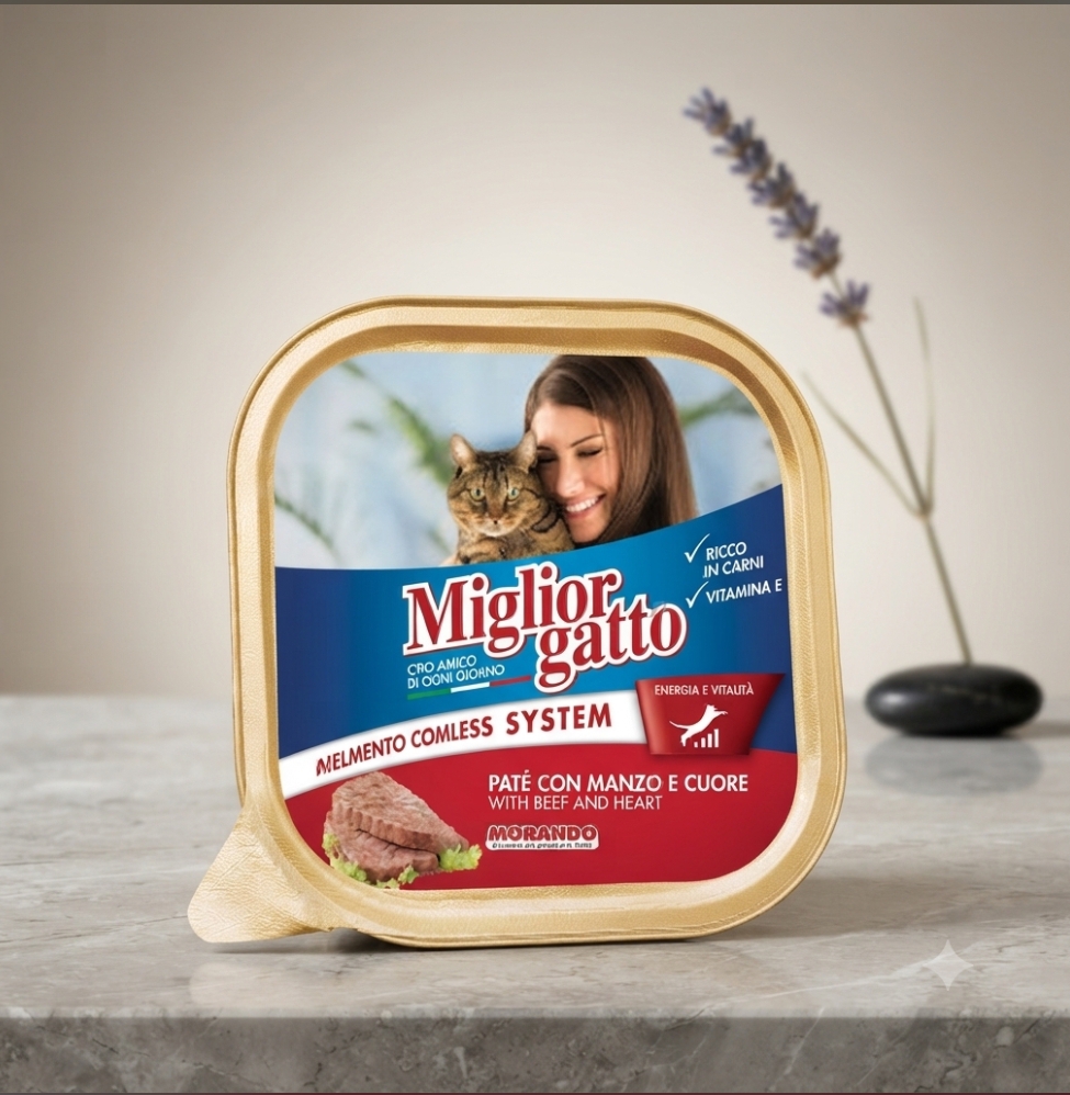 ووم گربه میگلیور گاتو بیف و قلب – Miglior Gatto morando pate وزن ۱۰۰ گرم اورجینال برند ایتالیایی MORANDO