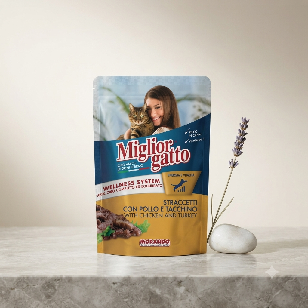 پوچ گربه  مدل Miglior Gatto Chicken & Turkey برند ایتالیایی اورجینال MORANDO وزن 100 گرم