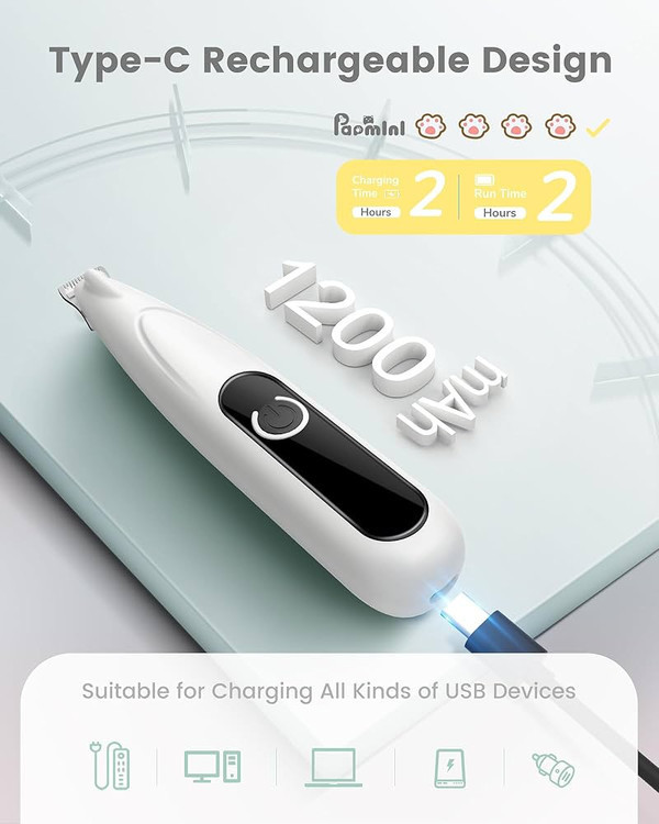 ماشین اصلاح پنجه سگ و گربه PAPMINI با نمایشگر LED، کمصدا 35dB، تیغه سرامیکی 20 میلیمتری و شارژ Type-C